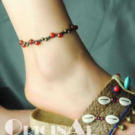 

Swag Boho Gypsy Tribal Handmade Brown Color Braided Rope with Little Copper Bells and Beads Accented with Beads Anklet Wholesale