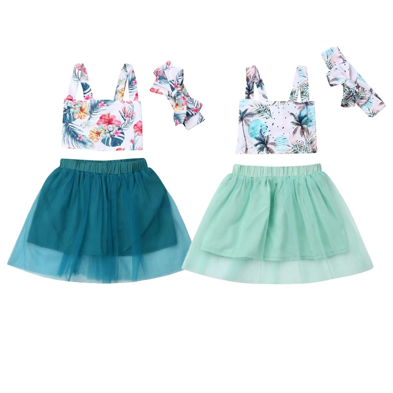 

Toddler Baby Girl Clothes Sets 3pcs Sleeveless Flower Crop Top Lace Tutu Skirts+Headband Outfits Clothes Summer