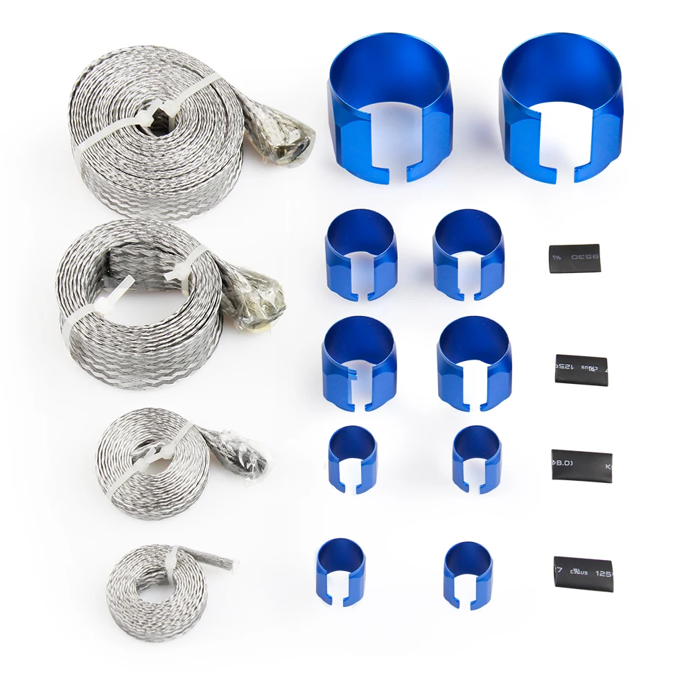 Braided Stainless Hose & Wire Sleeve Cover Kit Inc blue Aluminium Clamp Covers