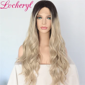 

Lvcheryl Hand Tied Ombre Dark Roots To Blonde Long Wavy Heat Resistant Fiber Soft Hair Wigs Synthetic Lace Front Wigs for Women