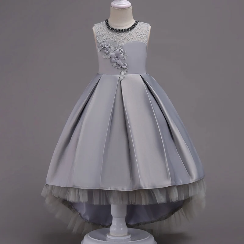 Платье с цветочным узором для девочек; Пышные свадебные вечерние платья с красным прицепом для девочек; кружевное вечернее платье принцессы для первого причастия - Цвет: gray