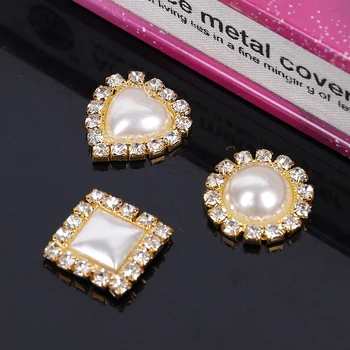 

2017New 100Pcs Golden Heart/Square or Round Pearl Rhinestone Button/Buckle for Wedding or Hair Accessories DT05-DT07