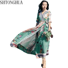 New Autumn Runway Women Vintage Floral Printing Lace-up Slim Long Dress Ladies Sexy V-Neck Elegant Pleated Party Dresses Vestido