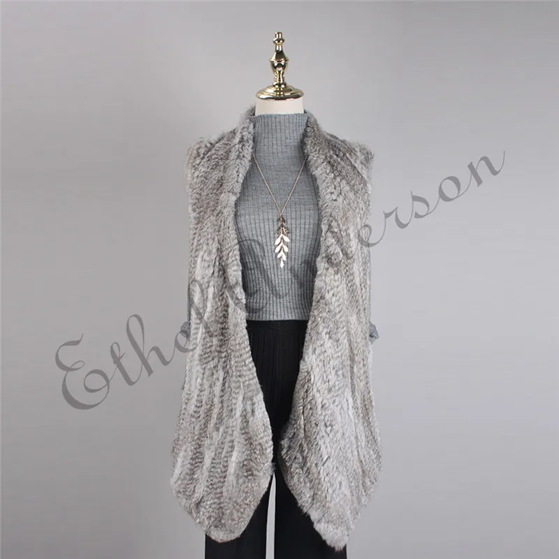 

Real Rabbit Fur Vest Knitted Gilet Retro Novelty Collar Waistcoat Long Jacket Casual Party Outwear Cardigan Coat