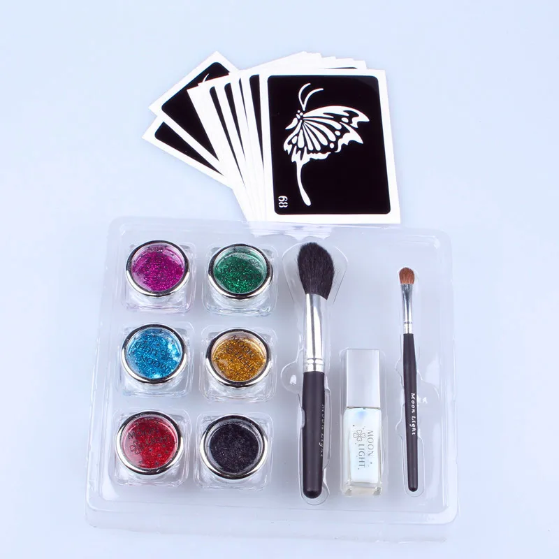 

Glitter Tattoo Powder Temporary Tattoo Body Painting Kit Brushes Glue Stencils 6 Colors DIY Art Henna Stencil + Brush+ Glue Kit