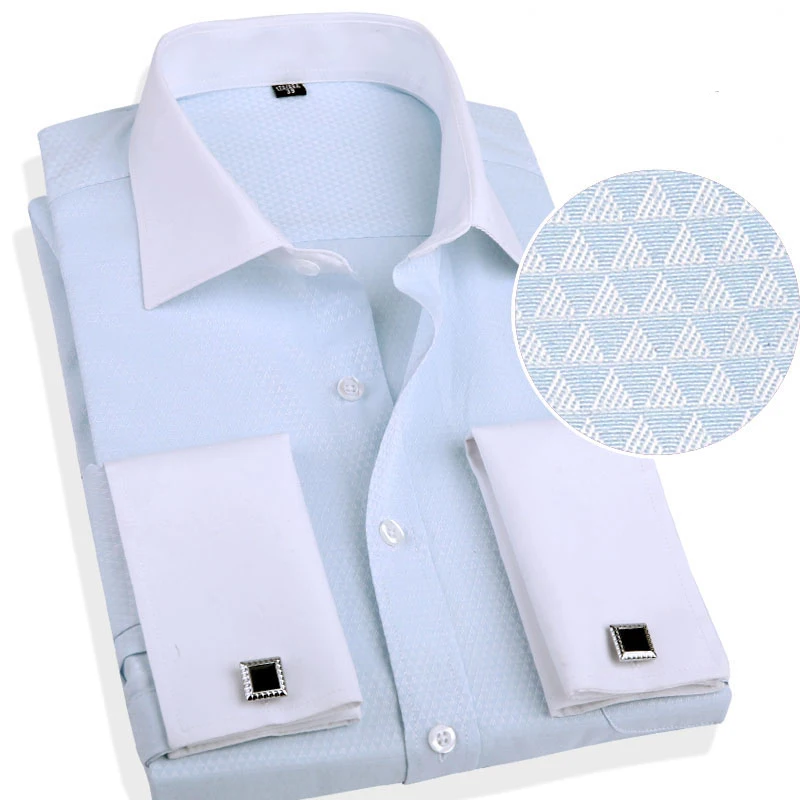 French Cuff Mens Formal Business Dress Shirt Long Sleeve Solid Twill Men Party Wedding Tuxedo Shirts with Cufflinks Chest Pocket