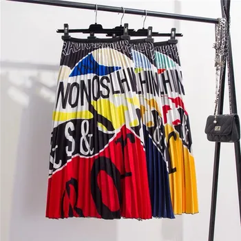 

2019 Summer Europe Style Skirts Women Sweet Letter Contrast Color A-Line Pleated Skirt High Street Party Holiday Big Swing Skirt