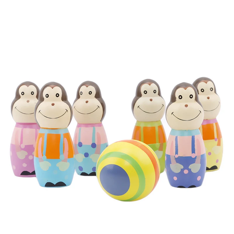 

6 Pcs/set Monkey Wooden Figures Indoor Mini Toy Bowling Kids Ball Set Fun Development Game Educational Toys for Children Gift