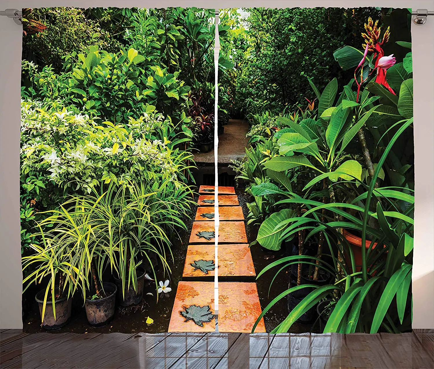 

Zen Garden Curtains Lush Garden with Tropical Plants and Wooden Path Tranquility Harmony Theme Living Room Bedroom Window Drapes