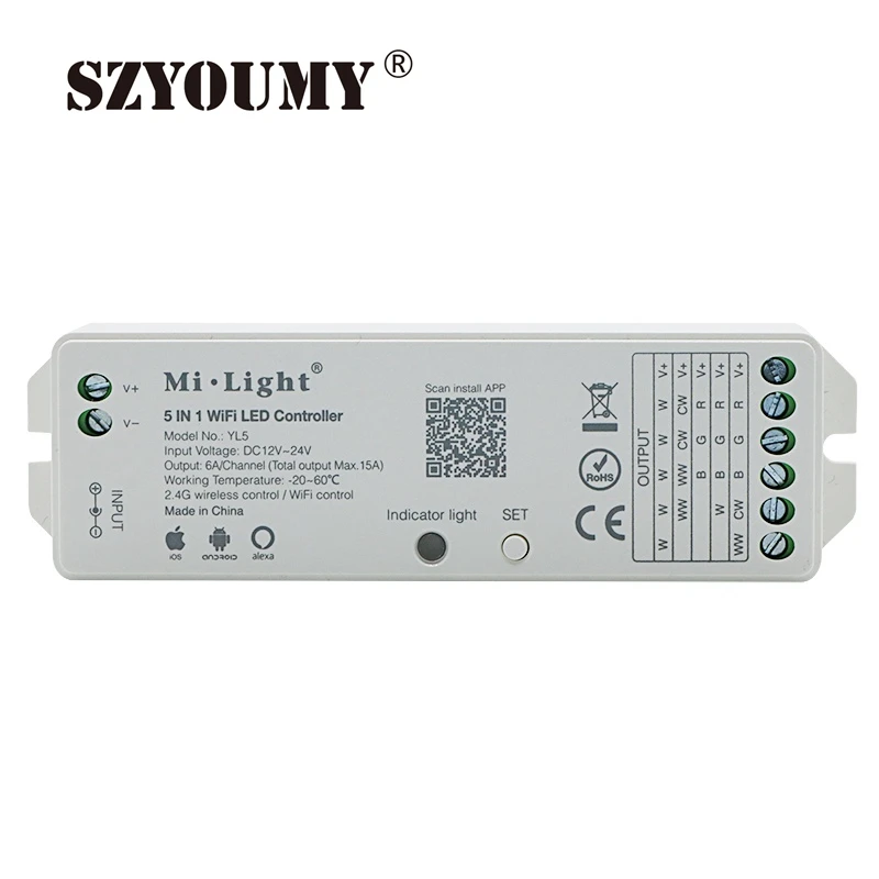 

SZYOUMY YL5 5 in 1 LED WIFI Controller For RGB RGBW RGB CCT Single color led strip light Amazon Alexa Voice phone App Remote