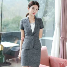 Модные серые летние деловые костюмы из 2 предметов, топы и юбка для женщин, салон красоты, Офисная Рабочая одежда, блейзеры и куртки, комплекты