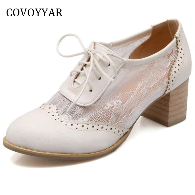 

COVOYYAR 2019 Classic British Women Pumps Lace Mesh Breathable Lady High Heels Lace Up Chunky Heel Ankle Boots Big Sizes WHH630