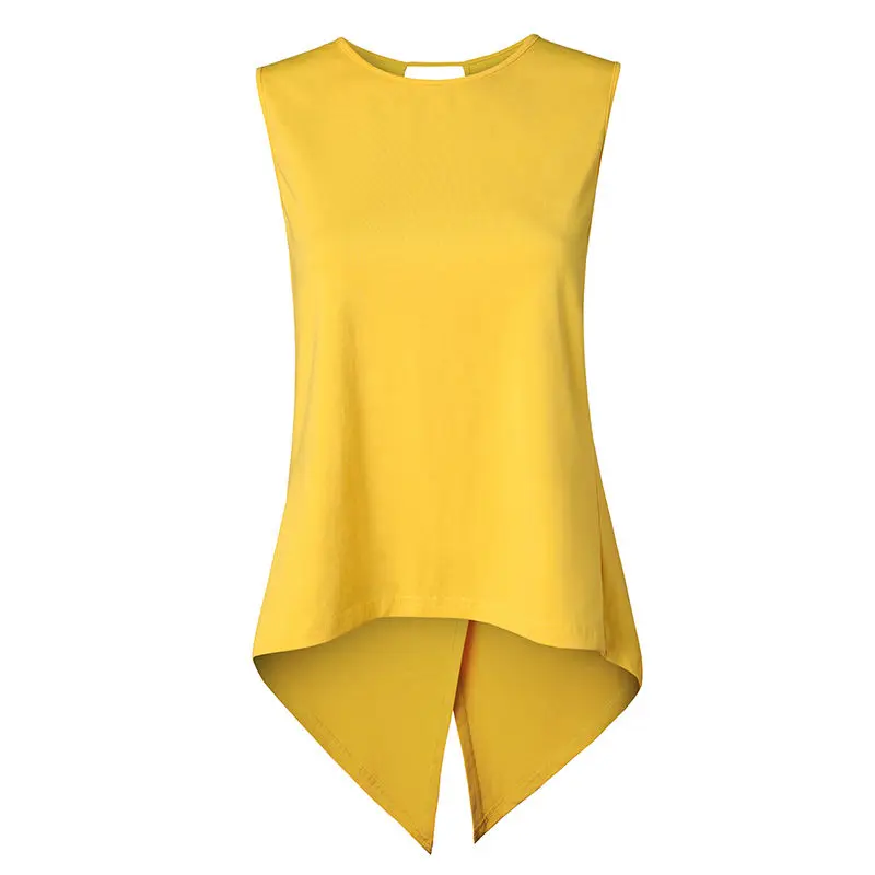 

Summer Chiffon Blouses Sleeveless Women Top Female Cross Irregular Hem Backless Yellow Blouse Female Tops blusas amarillas 2019