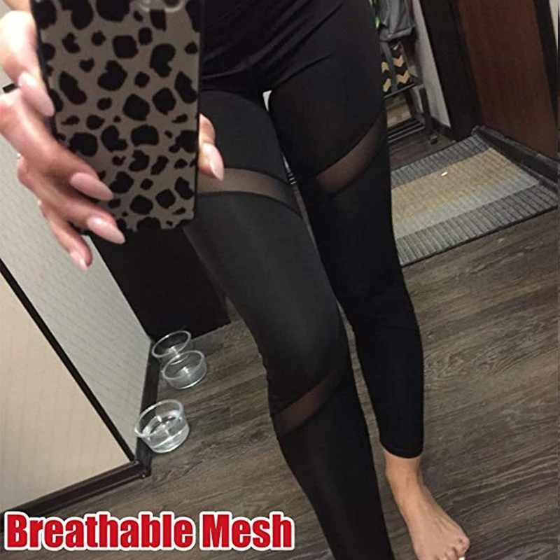 Women's Stretchy Mesh Patchwork Black Leggings, High Waist, Fitness, Sports, Yoga Pants, Sexy, Casual, Hip Lift, Gym, Push Up, W