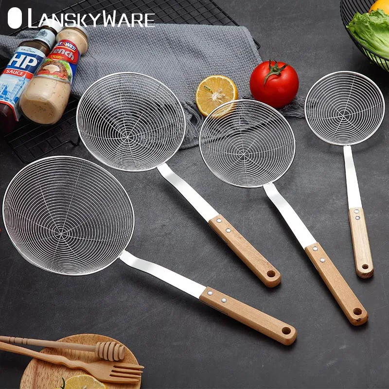 

LANSKYWARE 304 Stainless Steel Colander With Non-Slip Wooden Handle Kitchen Vegetables Residue Strainer Sieve Kitchen Accessorie