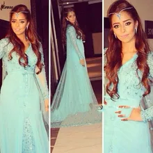 2017 Attractive Vestido de festa A-line Deep V-neck Long Sleeves Turquoise Hijab Dubai Moroccan Kaftan Muslim Evening Dress Pro