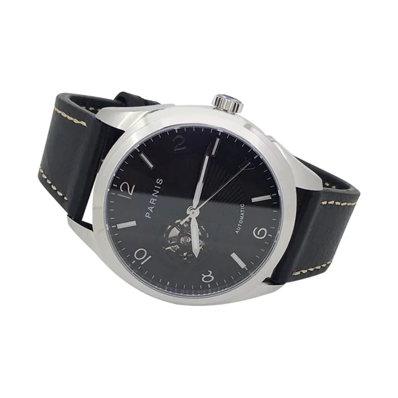 Модные мужские часы PARNIS, серебристый чехол, 42 мм, черный кожаный ремешок, черный циферблат, механические Автоматические Мужские часы, лучший бренд класса люкс