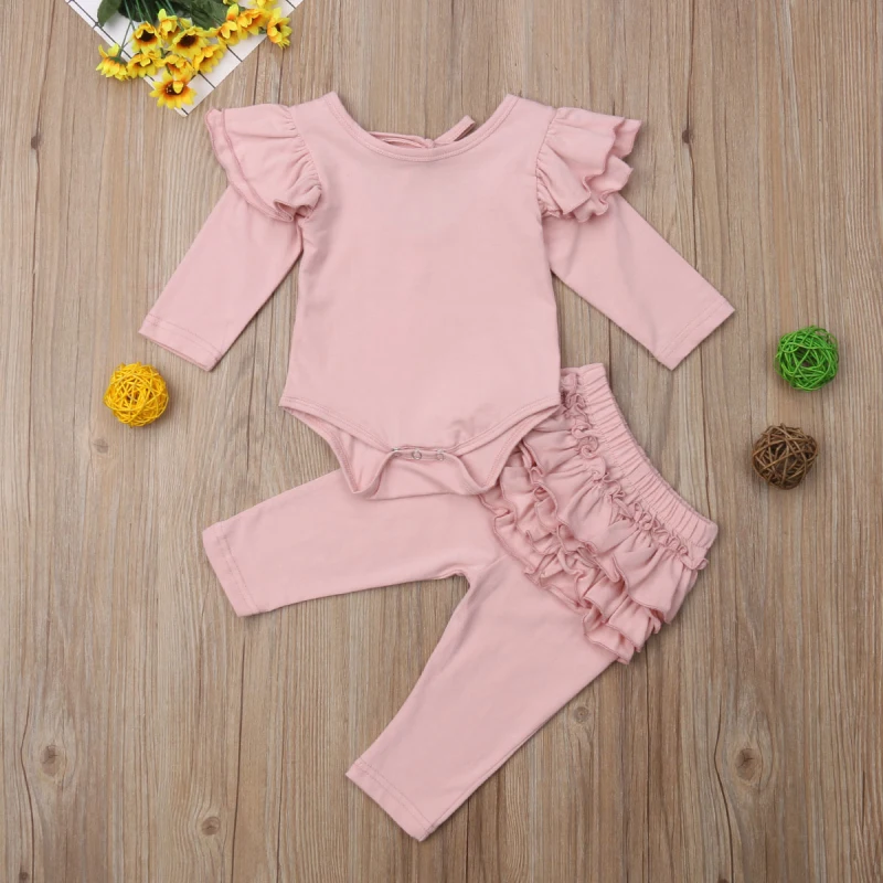 Комплект одежды из 2 предметов для новорожденных девочек, топы, комбинезон, штаны с оборками, осенне-весенняя одежда, комплект одежды
