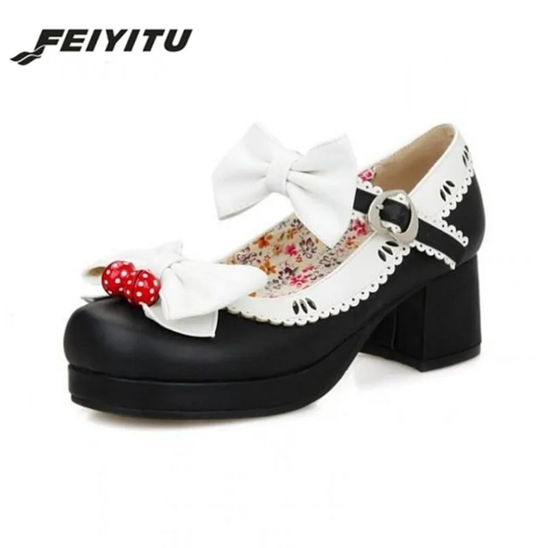 

Feiyitu New Ladies Sweet Black Candy Color Womens Mary Janes Pumps Low Heel Lolita Bowknot Shoes For Women Princess Shoes 34~43