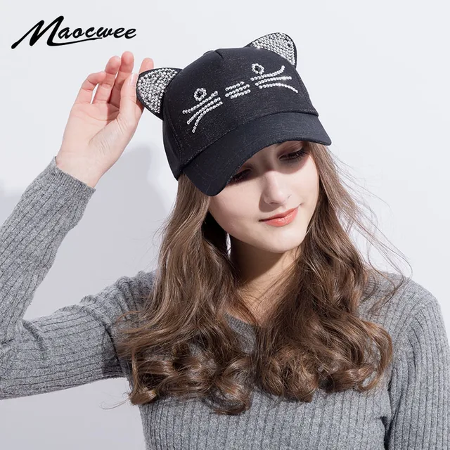 Cute Cat Ears Black Baseball Cap Women's hats New Fashion Rhinestone