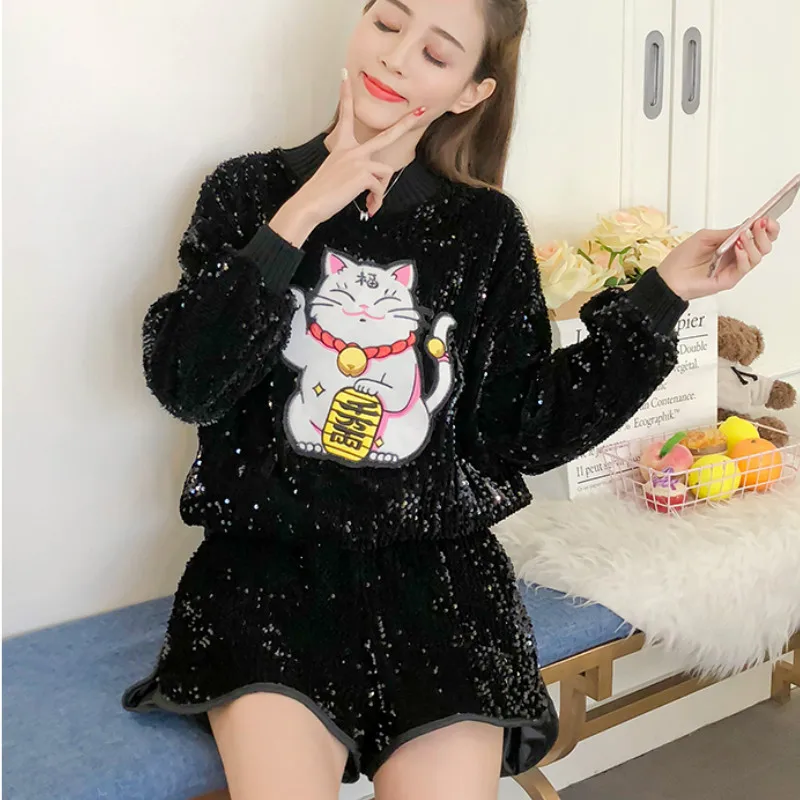 Модные толстовки с изображением из мультфильма Lucky Cat блестками свободные
