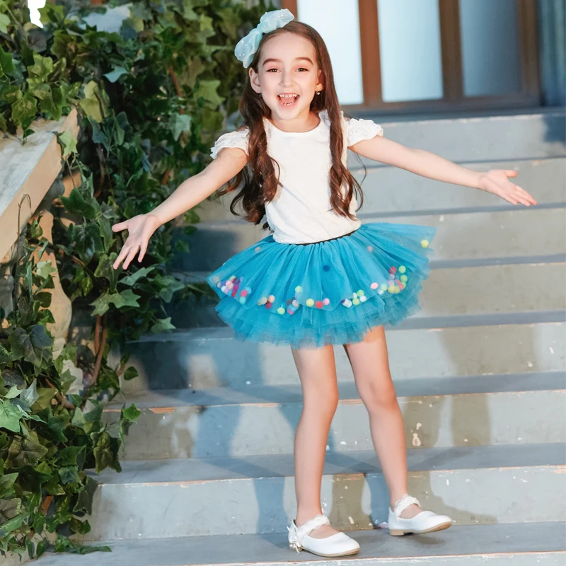 Buenos Ninos Baby Girls Fluffy 8-Layers Ballet Dance Pettiskirt Girl Princess Tulle Skirt With Pompom Puff Balls For 1-6T13