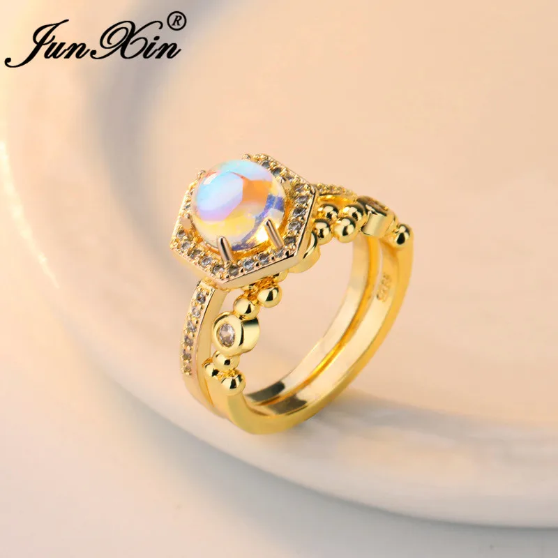 JUNXIN Boho женский шестигранник прозрачный лунный камень кольцо наборы для женщин розовое золото заполненный белый кристалл Помолвочные парные ювелирные кольца CZ