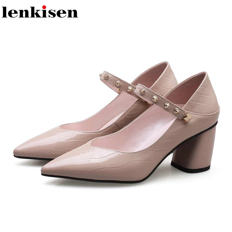 

Lenkisen 2018 full grain leather women shoes rivets decoration pointed toe high heels simple style model runway women pumps L71