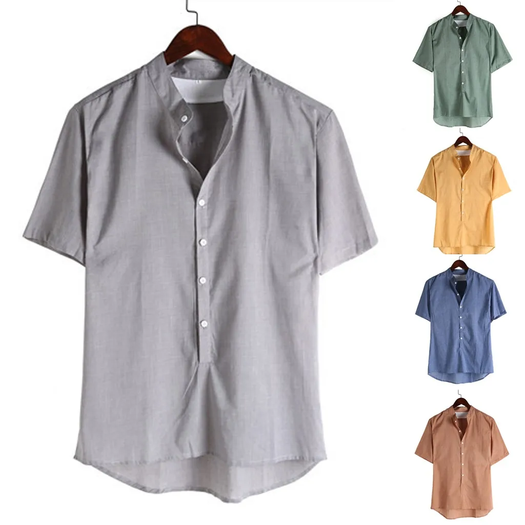 

JAYCOSIN Shirts Men Pure Color Mandarin Collar Business Leisure Formal Top Men Short Sleeve 2019 Popular Casual Shirt Man May21