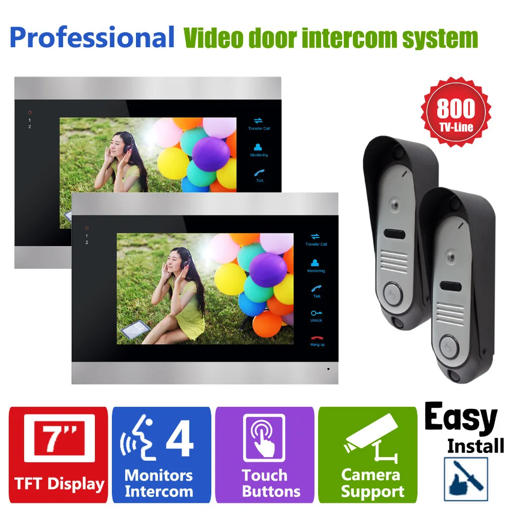 Homefong 7 Inch TFT Video Door Phone Doorbell Video Camera 800TVL 2V2   Door Access Control camera intercom system 2 Monitor