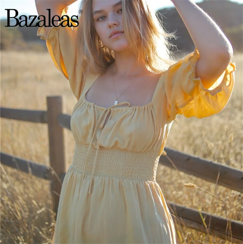 

Bazaleas 2019 Square Collar Bow Women Dress Orange Elastic Waist vestidos ties ruffles waist women Dresses spring Dress Casual