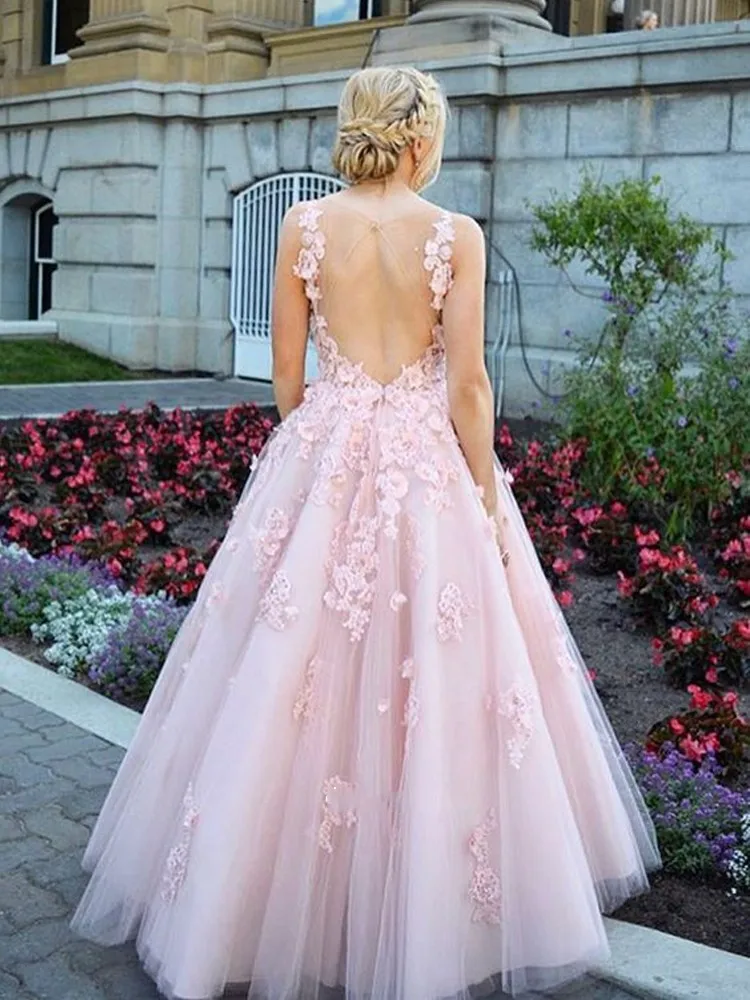 Розовые платья для выпускного вечера, бальное платье с открытой спиной и аппликациями, кружевные цветы, тюль, принцесса, длинные платья для выпускного вечера, вечерние платья