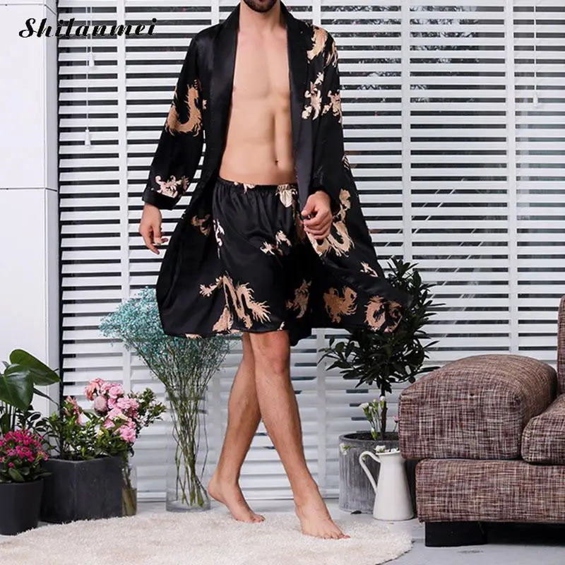 Мужские шелковые шорты к ночной рубашке комплект из двух предметов пижамы мужские летние тонкие с длинным рукавом Дракон сатин плюс размер халаты халат одежда