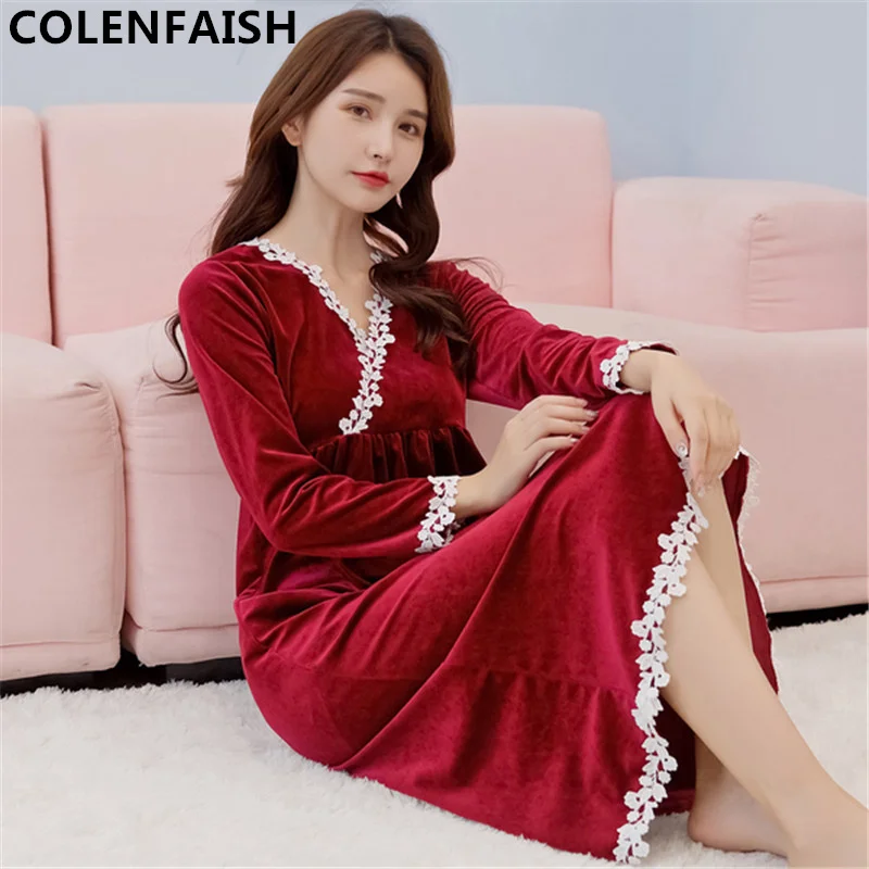 

Fashion Velvet Pure color pleuche V-neck sexy lady nightwear Lace Long sleeves shirt night dress gecelik nuisette femme de nuit