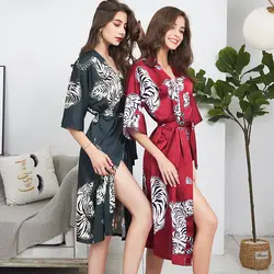 Атласная женские одеяния летнее кимоно халат с длинными ночная рубашка пикантные пижамы домашний халат с рукавами до локтя Ночное платье