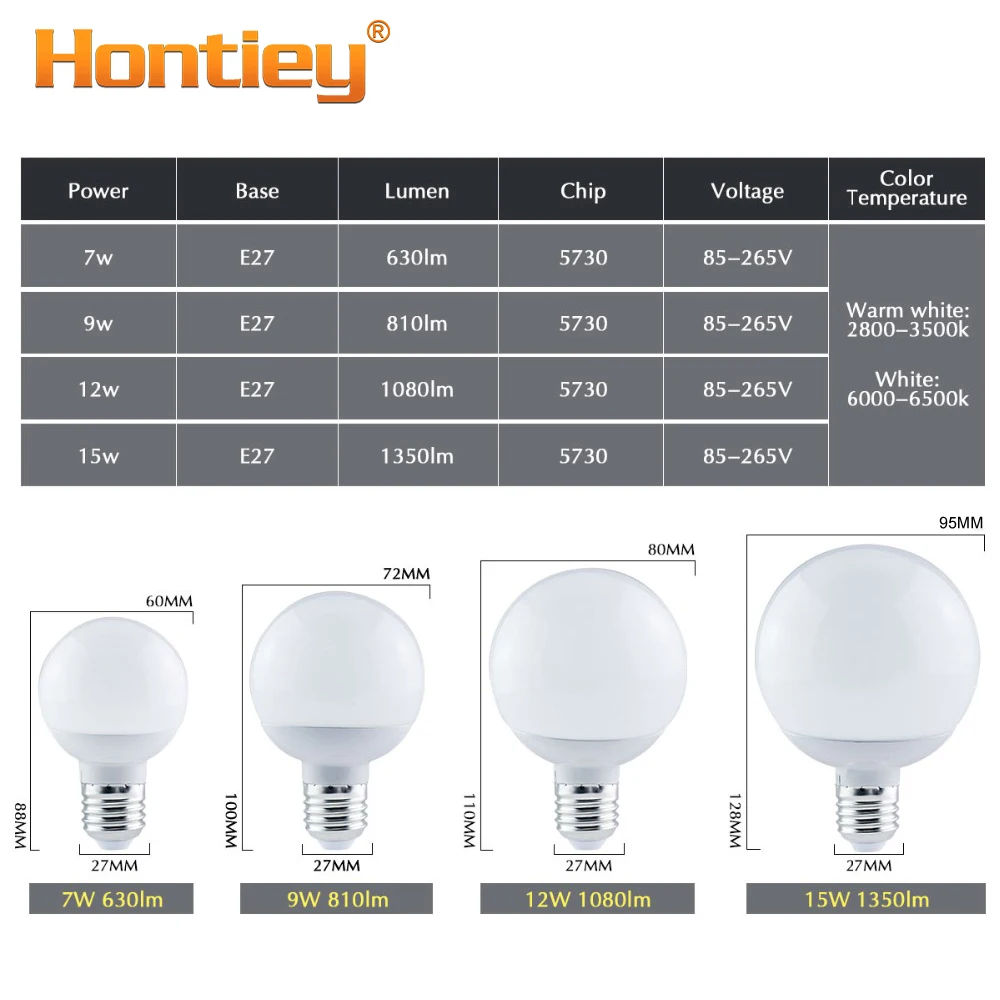 Hontiey E27 светодиодный светильник, 220 В, 7 Вт, 9 Вт, 12 Вт, 15 Вт, 360 °, круглый светильник, настольная лампа, освещение из бисера, высокая яркость, теплый белый