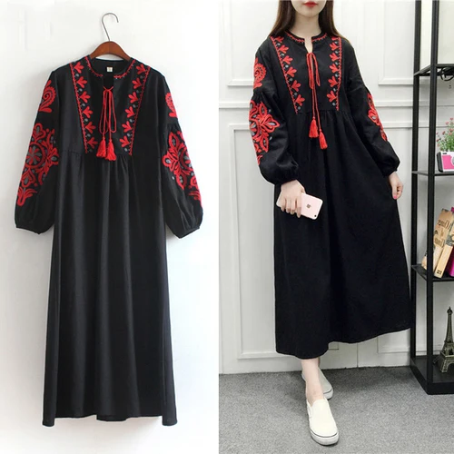 

2019 Women Vintage Floral Embroidery Dress Drawstring Tie Tassels Long Sleeve Casual Loose Retro Loose Lon Boho Dresses