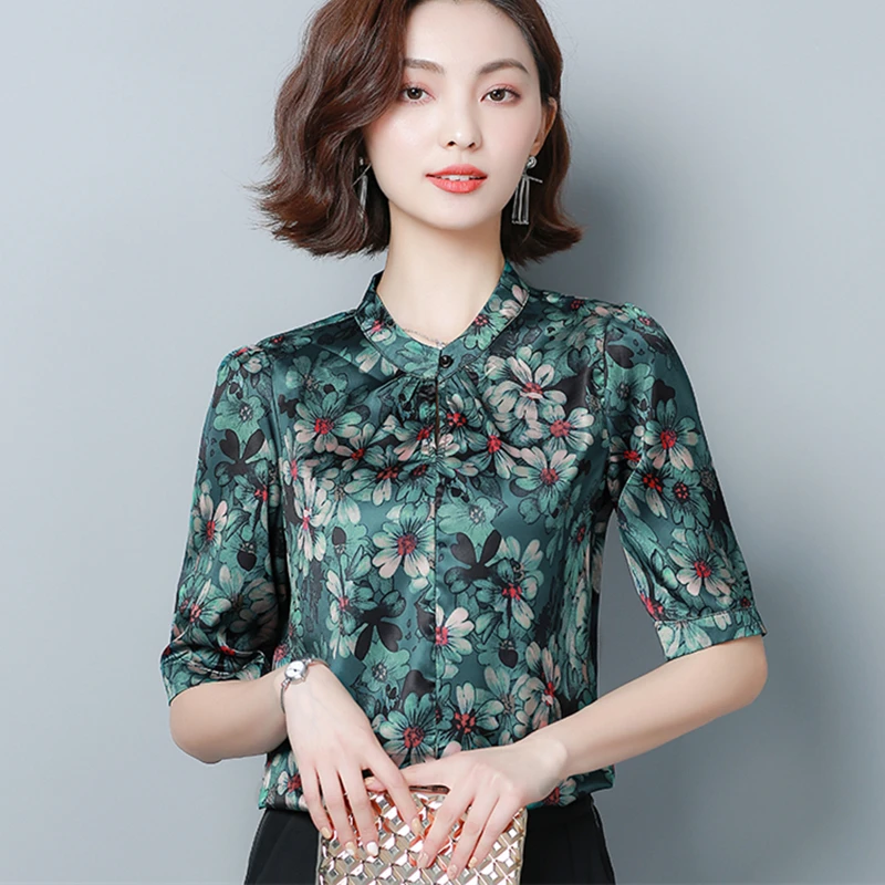 

Korean Fashion Silk Women Blouses Satin Floral Green Short Sleeve Women Shirts Plus Size XXXL/4XL Womens Tops and Blouses