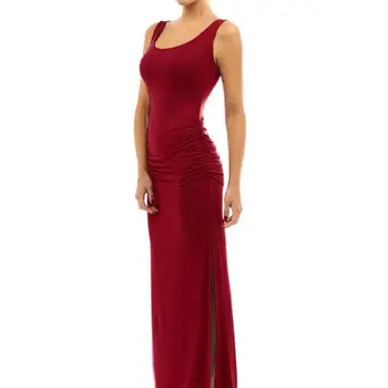 

hot Fashion Solid Color Women Scoop Neck Sleeveless Summer Sexy Maxi Side Split Ruched Beach Evening Party Slim Long Dress Vesti