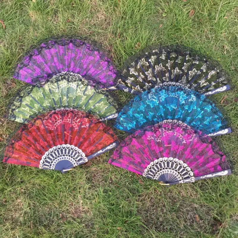 

Free shipping 12pcs/lot assorted colors butterfly design organza hand fan with lace trim for wedding