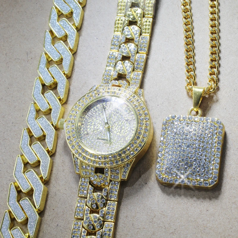 Мужчины Хип-хоп полный Iced Out Lab CZ AAA часы и браслет& Iced квадратное ожерелье комбо набор ювелирных изделий