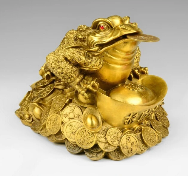 

China Brass Copper Fengshui Yuanbao Wealth Money Three Feet Golden toad Statue