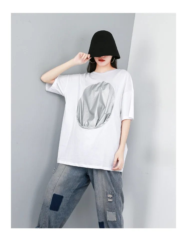 Новинка, корейский стиль, Женский однотонный белый и черный топ, футболка с уникальным дизайном, большая точка, заплатка, Женская милая Повседневная Уличная футболка, Femme J675