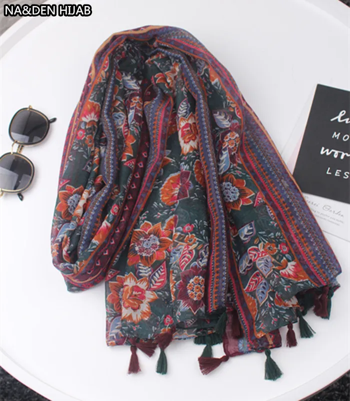 

2019 NEW fashion women scarves black color and flower Print Tassels Cotton Blends accesorios mujer muslin hijab scarf 10pcs/lot