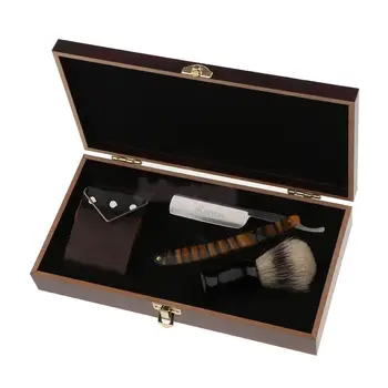 

3 Pieces Men's Shaver Gift Kit Folding Straight Razors Shaving Brush with Sharpener Strop Belt with Case