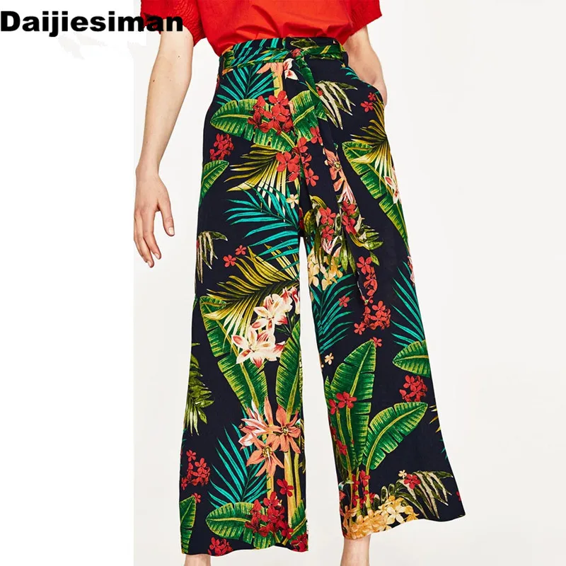 Vintage Tropical Floral Leaf Print Wide Leg Pants Sashes