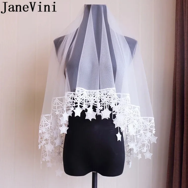 

JaneVini 2018 Ivory Short Wedding Veil For Brides Star Tassel Lace One Layer Women Wedding Vail Bridal Veils Wedding Accessories