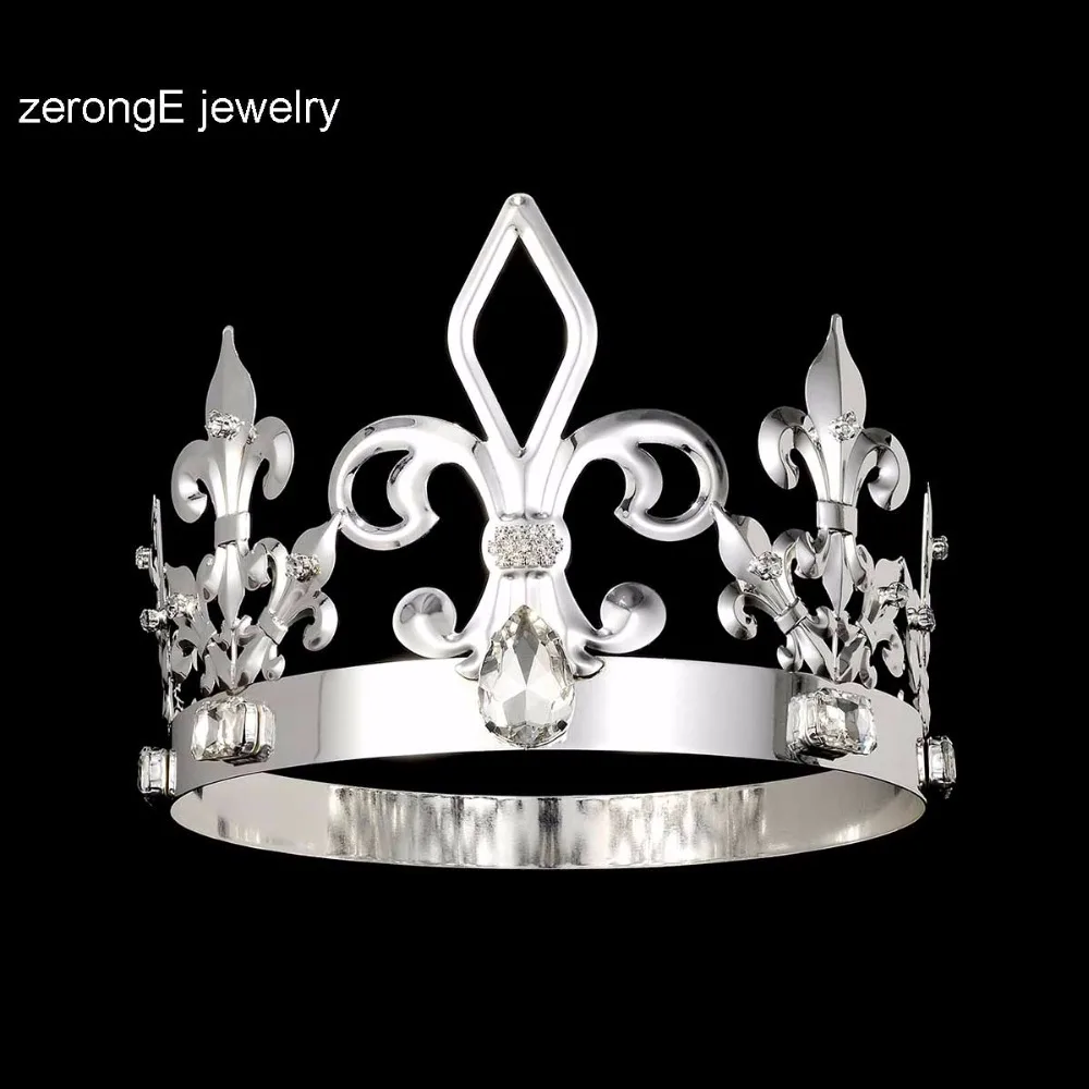 

zerongE jewelry silver King Crown Man copper metal Party Hair Jewelry Beauty Rhinestone Pageant Round Crown Full Circle Headwear