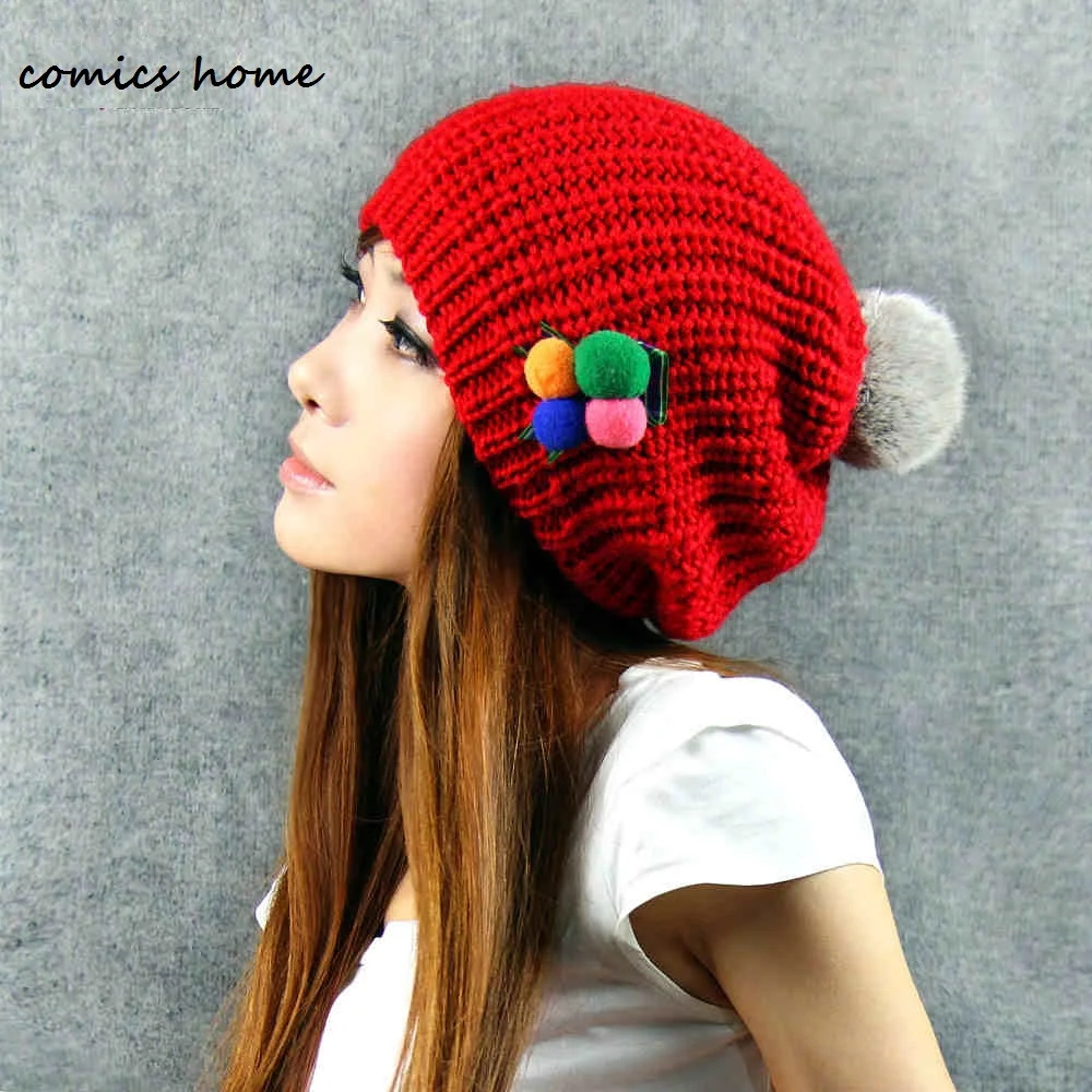 

2016 Winter Autumn Fashion Women Wool Knitted Beanies Caps 100% Real Raccoon Fur Pompom Beanie Hats For Women