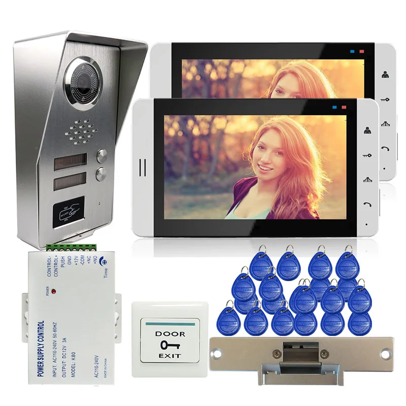 

Grenseure FREE SHIPPING 7" LCD Video Door Phone Intercom 2 Monitors + Outdoor RFID Doorbell Camera for 2 Apartment Strike Lock